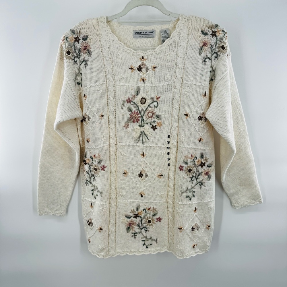 Carolyn Taylor Sweater Vintage Cream Embroidered Cable Knit Size Small New‎
